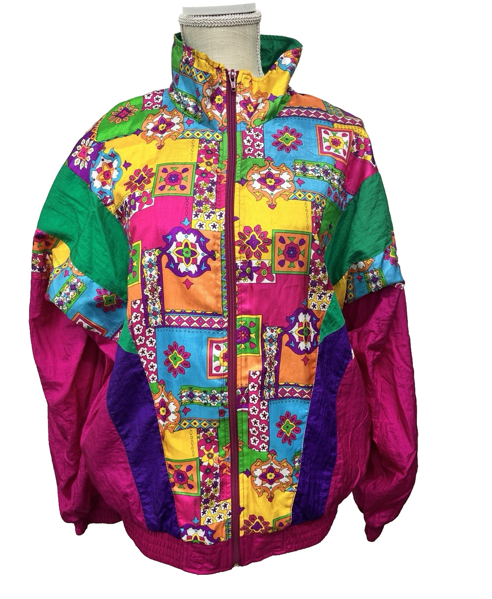Vintage Windbreaker Jacket Women Large Nylon Loud Geometric Pattern Retro 80s 90